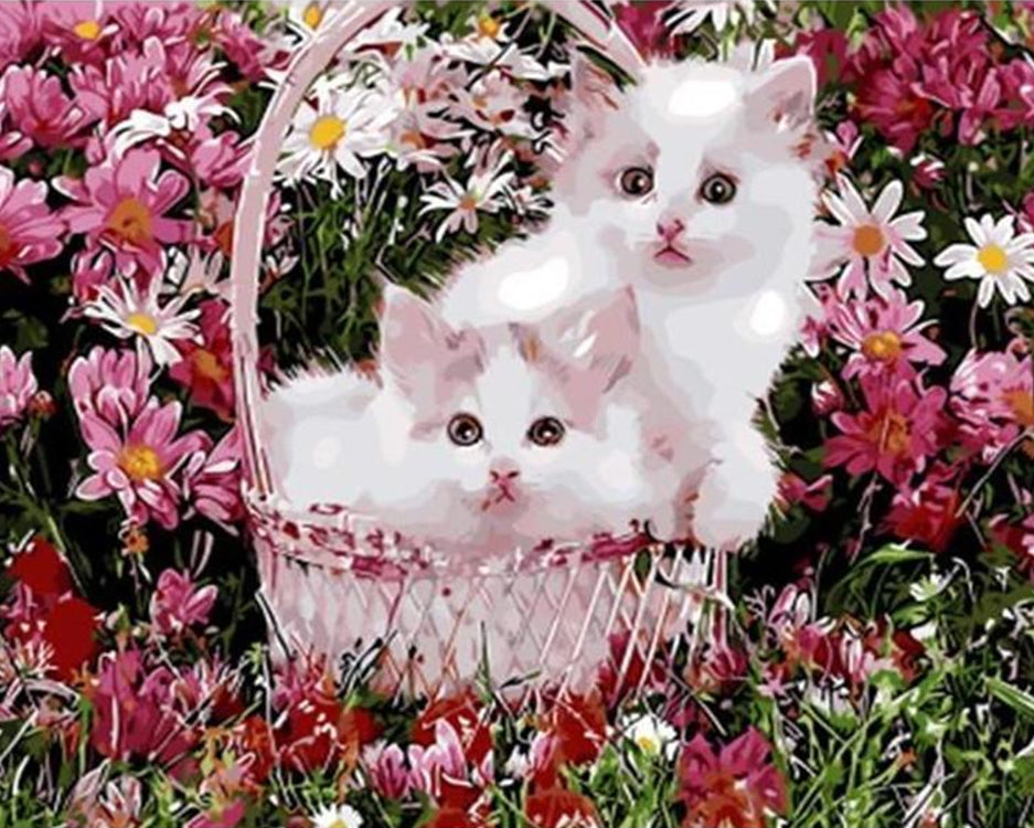 Dos Gatos en la Canastilla Rodeados de Flores Rosas Pintar por Números