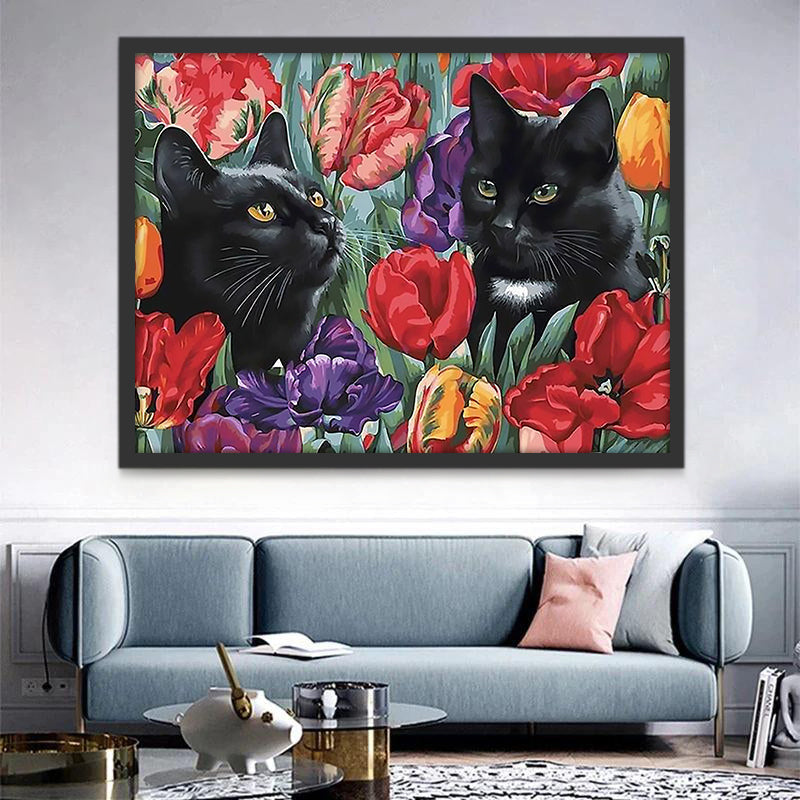 Dos Gatos Negros en las Flores Pintar por Números