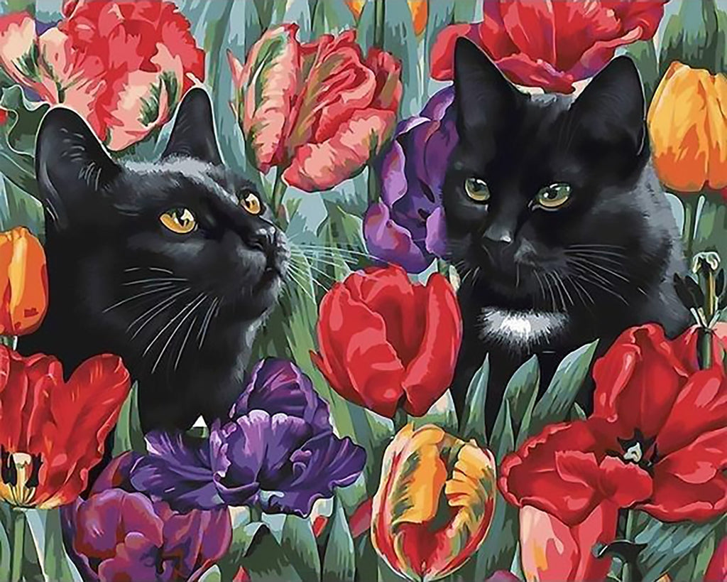 Dos Gatos Negros en las Flores Pintar por Números