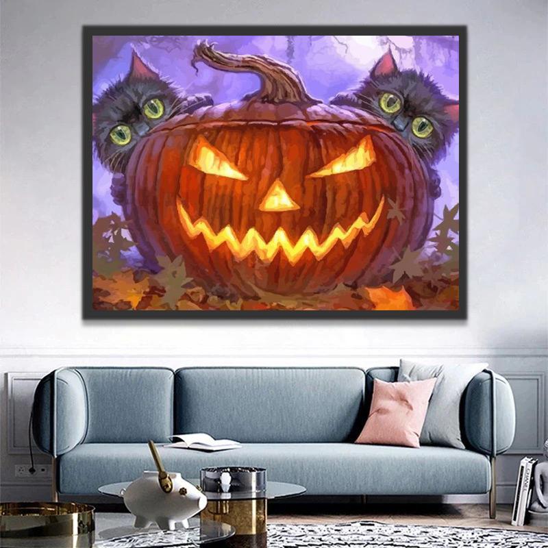 Dos Gatos y Calabaza de Halloween Pintar por Números
