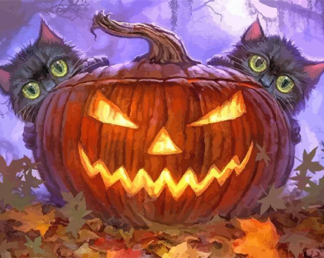 Dos Gatos y Calabaza de Halloween Pintar por Números