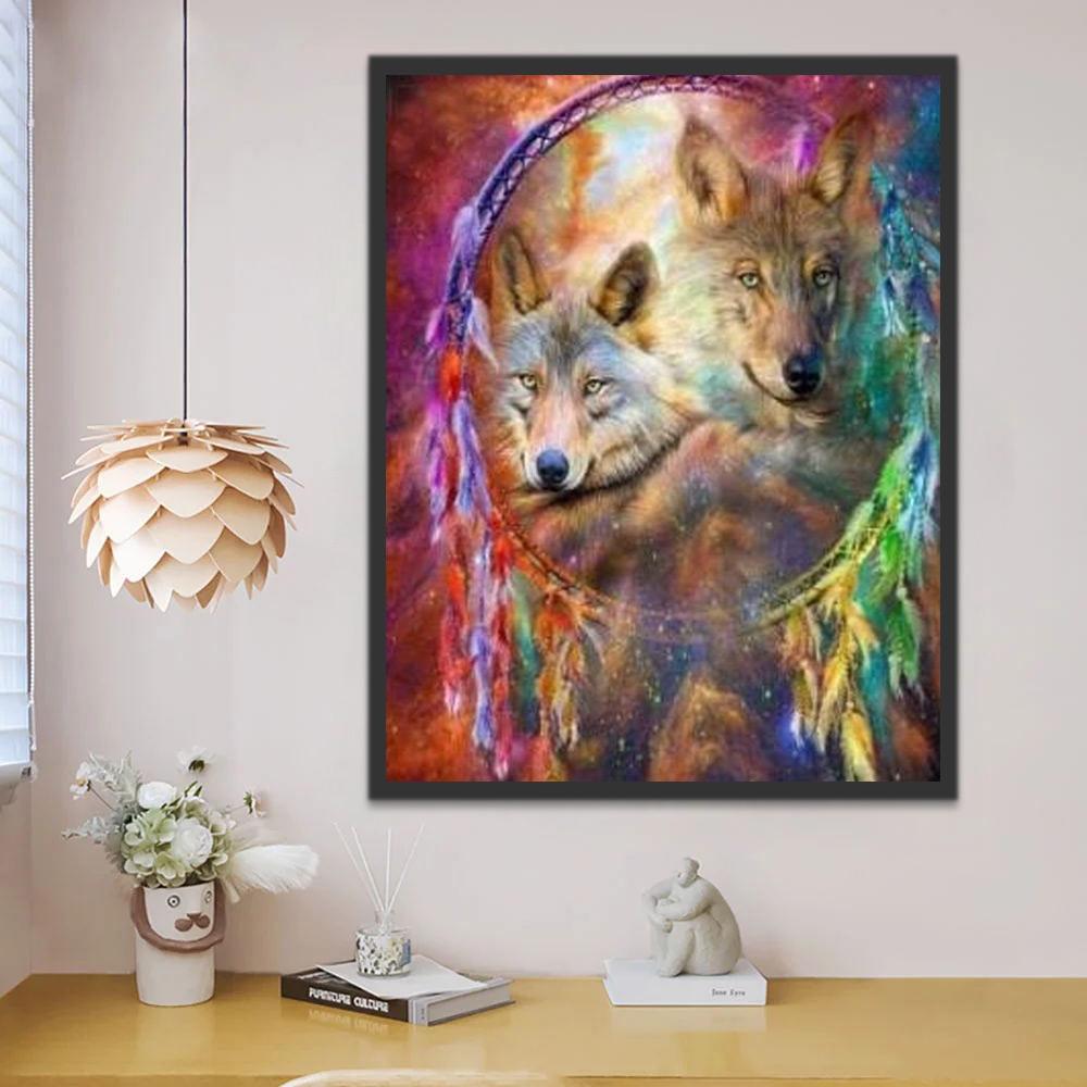 Dos Lobos en Atrapasueños de Plumas Coloridas Pintar por Números