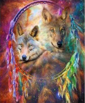 Dos Lobos en Atrapasueños de Plumas Coloridas Pintar por Números