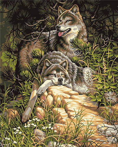 Dos Lobos sobre Roca en Bosque Pintar por Números