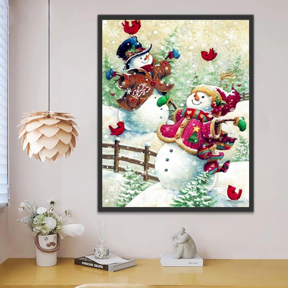 Dos Muñecos de Nieve y Pájaros Rojos Pintar por Números