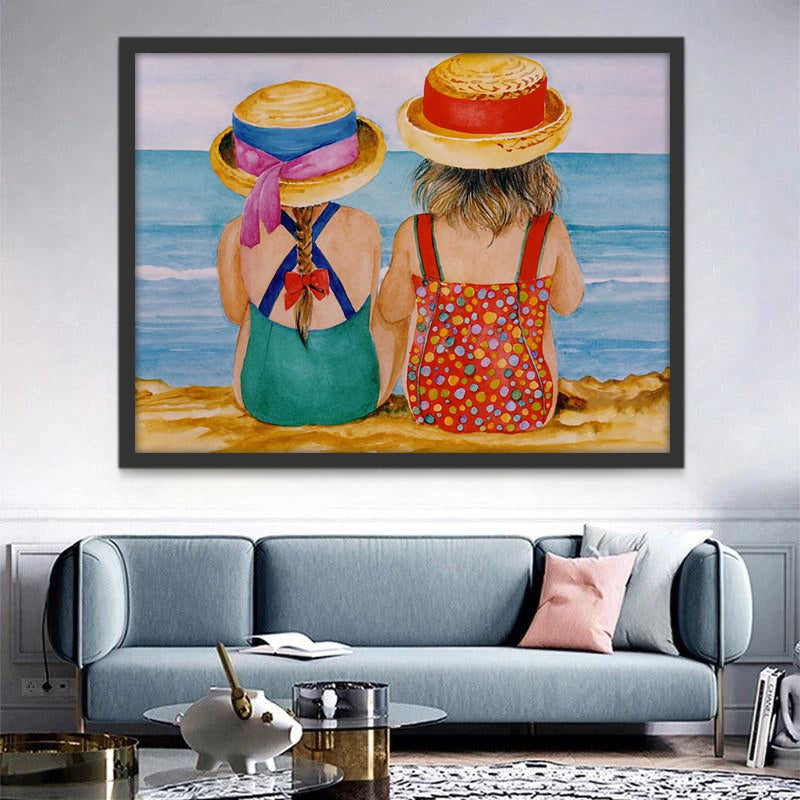 Dos Niñas con Sombreros Sentadas sobre la Playa Pintar por Números Niños