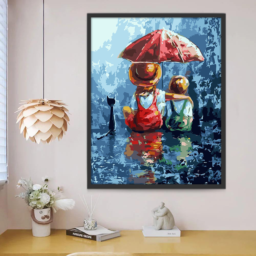 Dos Niños y Gatito en Lluvia Pintar por Números