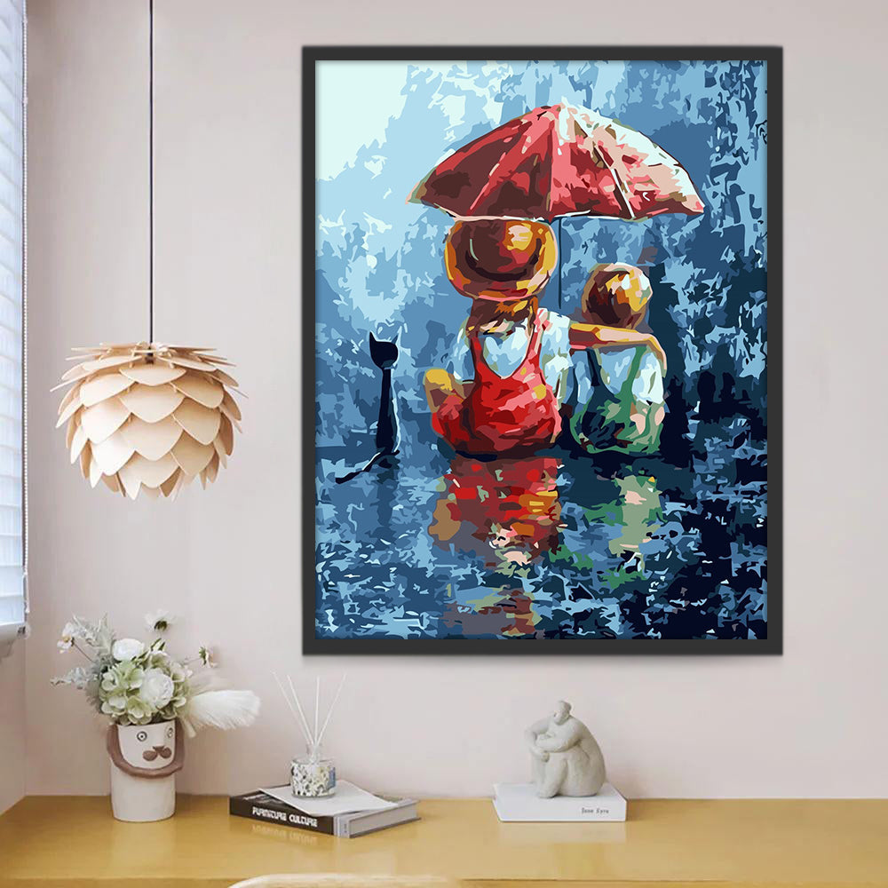 Dos Niños y Gatito Negro en la Lluvia Pintar por Números Niños