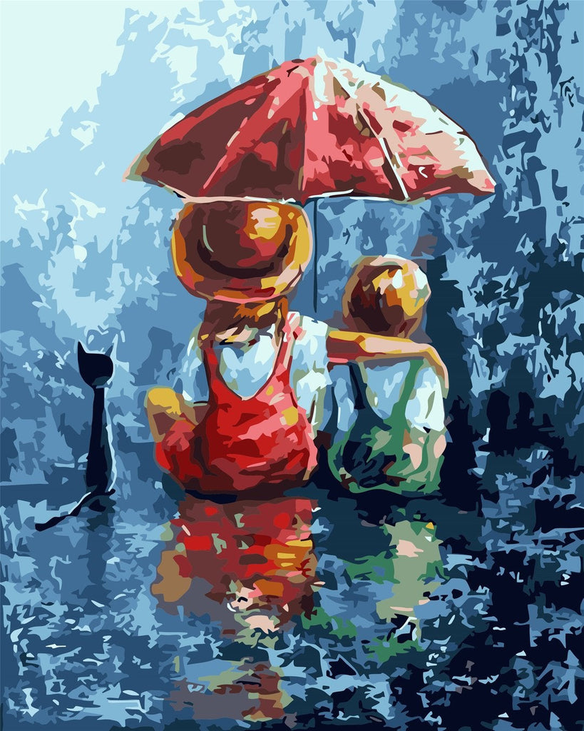 Dos Niños y Gatito Negro en la Lluvia Pintar por Números Niños