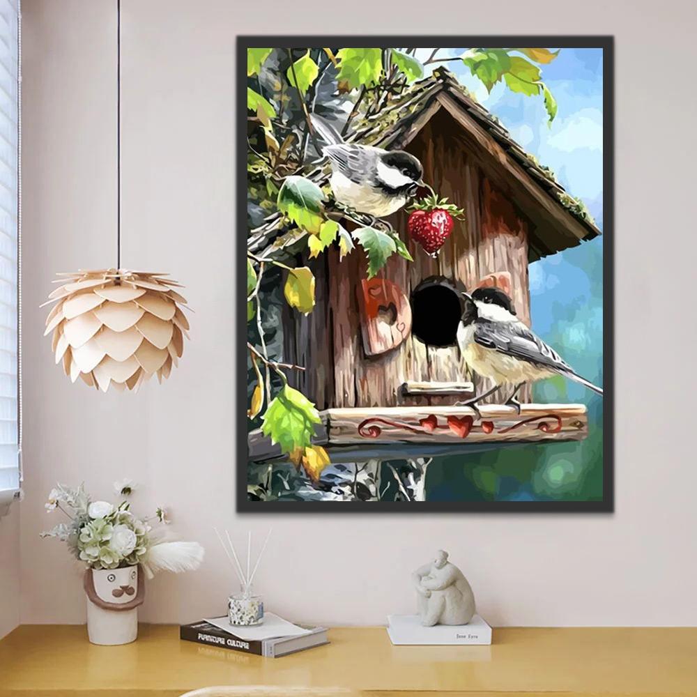 Dos Pajaritos y Casita para Pájaros Pintar por Números