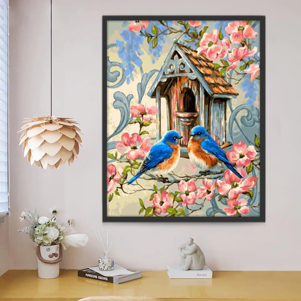 Dos Pájaros Azules con Su Casita Pintar por Números