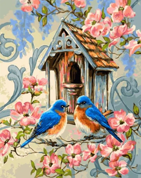 Dos Pájaros Azules con Su Casita Pintar por Números