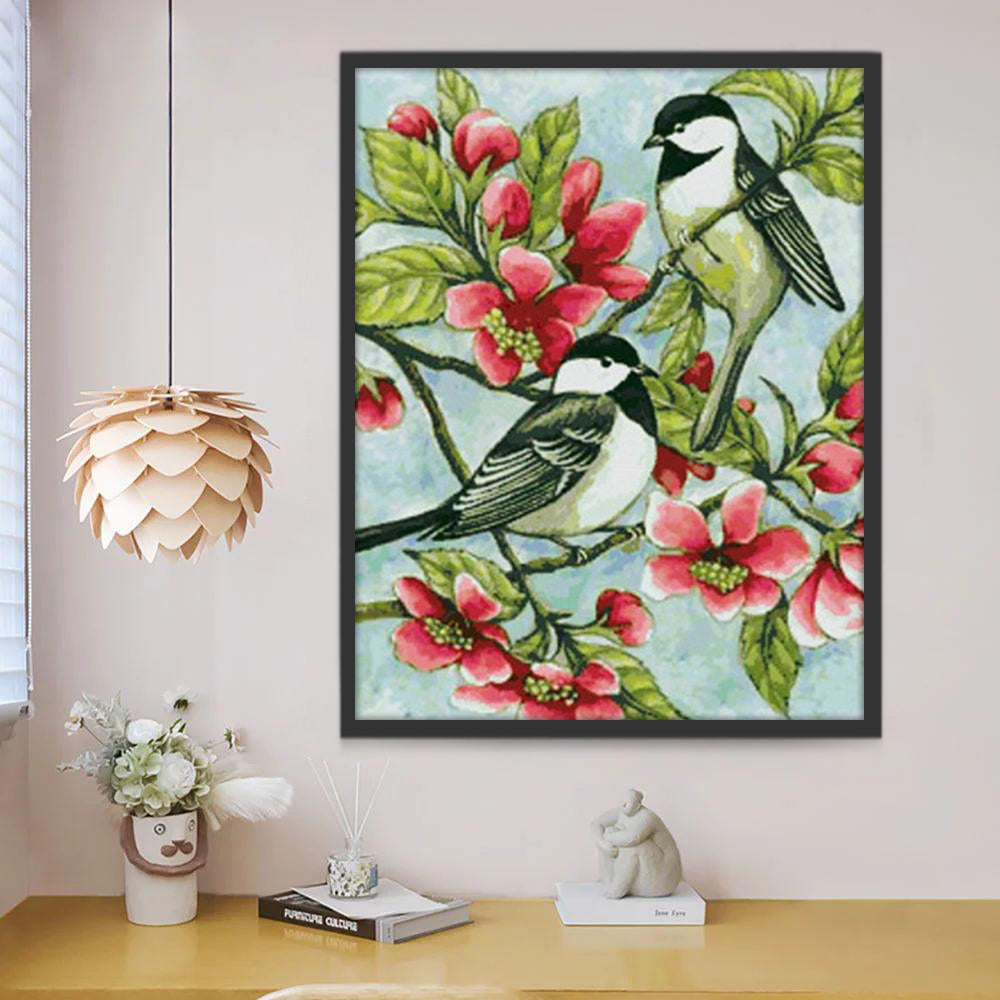 Dos Pájaros con Flores Rojas y Hojas Pintar por Números