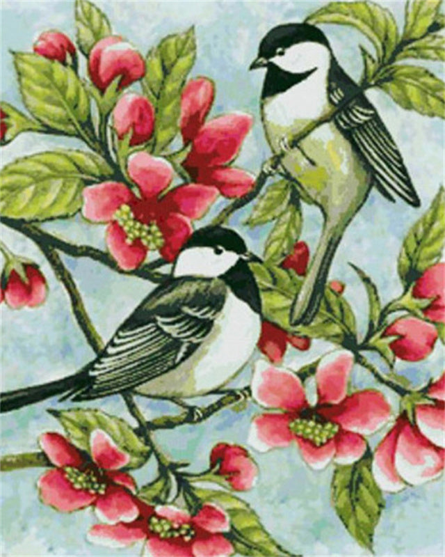 Dos Pájaros con Flores Rojas y Hojas Pintar por Números
