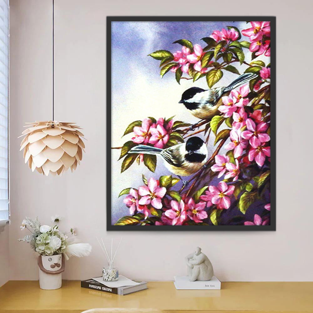 Dos Pájaros entre Flores Rosadas Pintar por Números