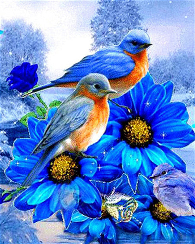 Dos Pájaros y Flores Azules Pintar por Números