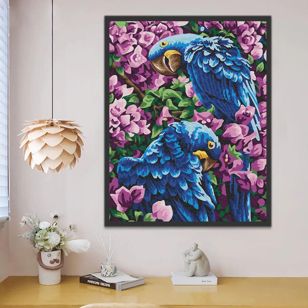 Dos Papagayos Azules y Flores Moradas Pintar por Números