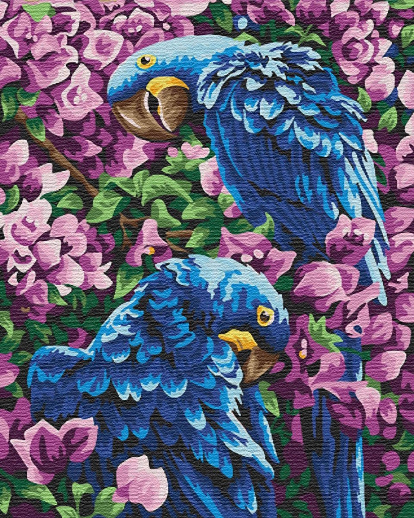 Dos Papagayos Azules y Flores Moradas Pintar por Números