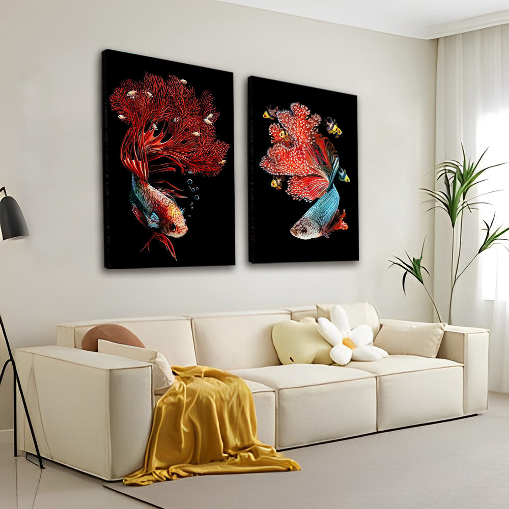 Dos Peces con Colas de Coral Rojo 2 Partes Pintar por Números