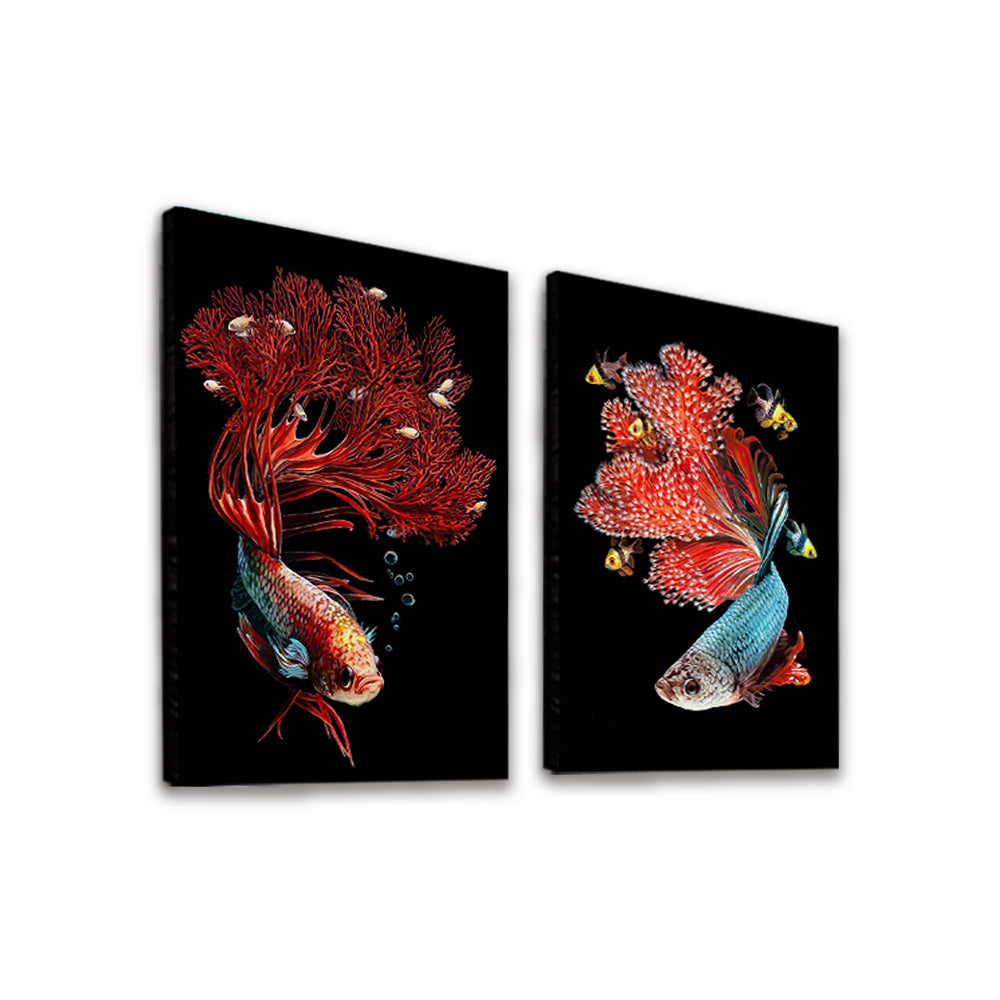 Dos Peces con Colas de Coral Rojo 2 Partes Pintar por Números