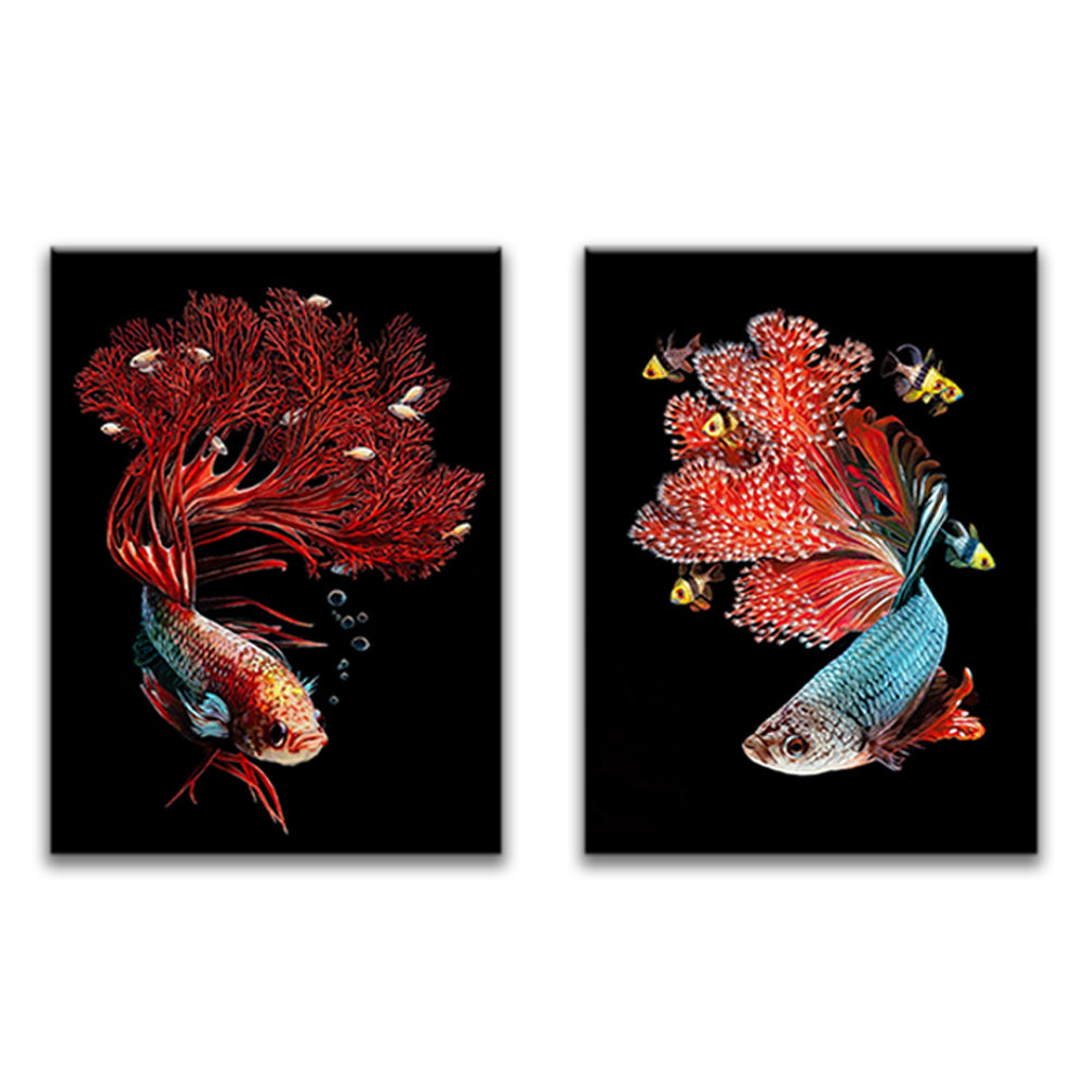 Dos Peces con Colas de Coral Rojo 2 Partes Pintar por Números