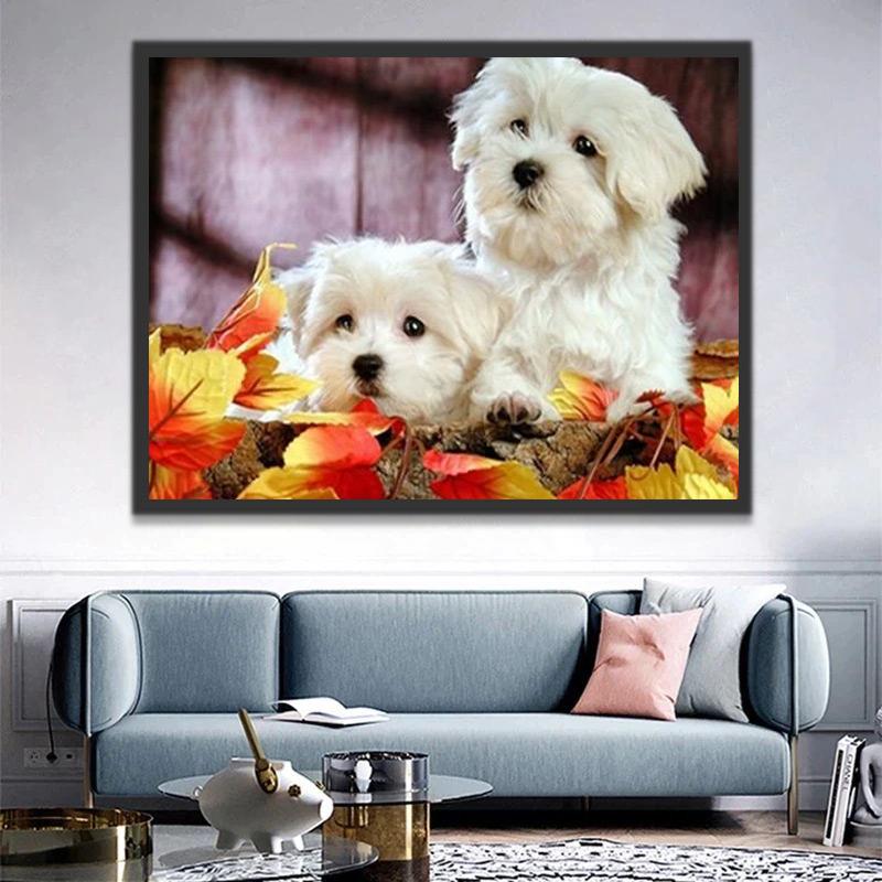 Dos Perritos Lindos sobre Hojas Pintar por Números