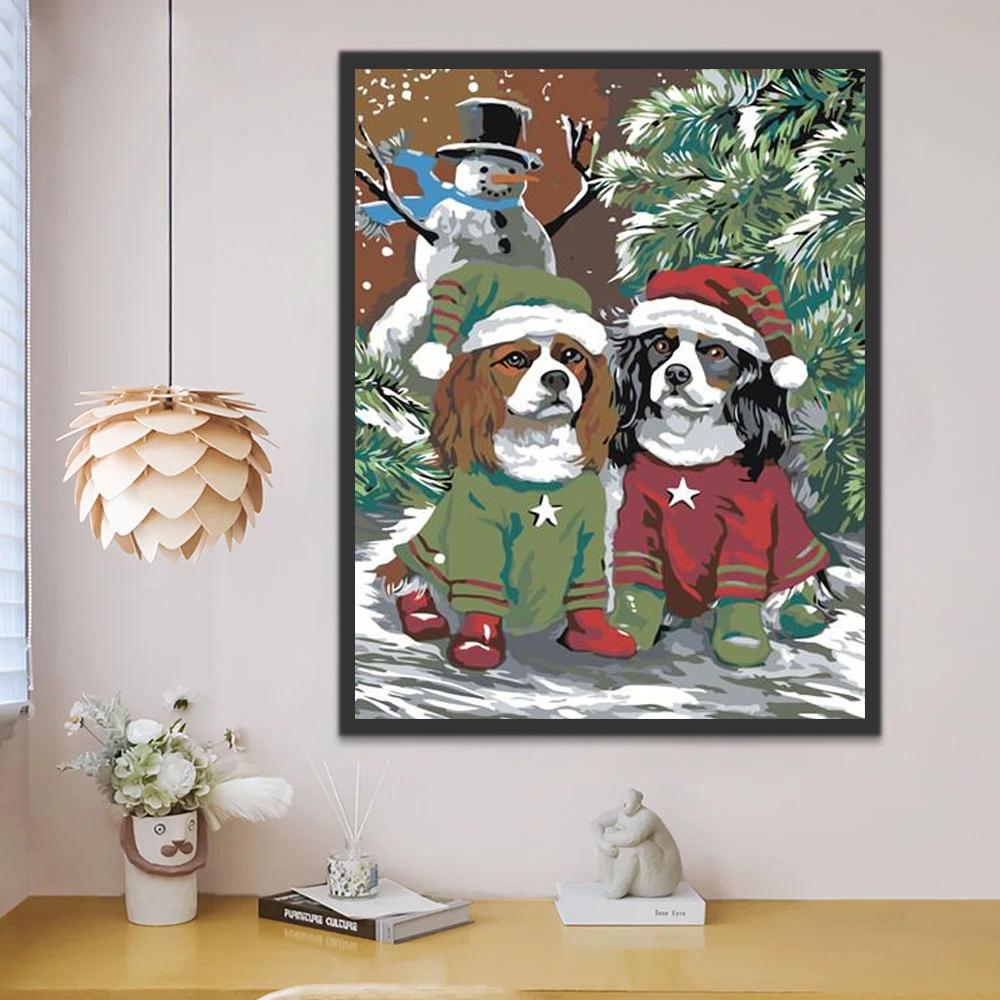 Dos Perros con Gorros de Navidad y Muñeco de Nieve Pintar por Números