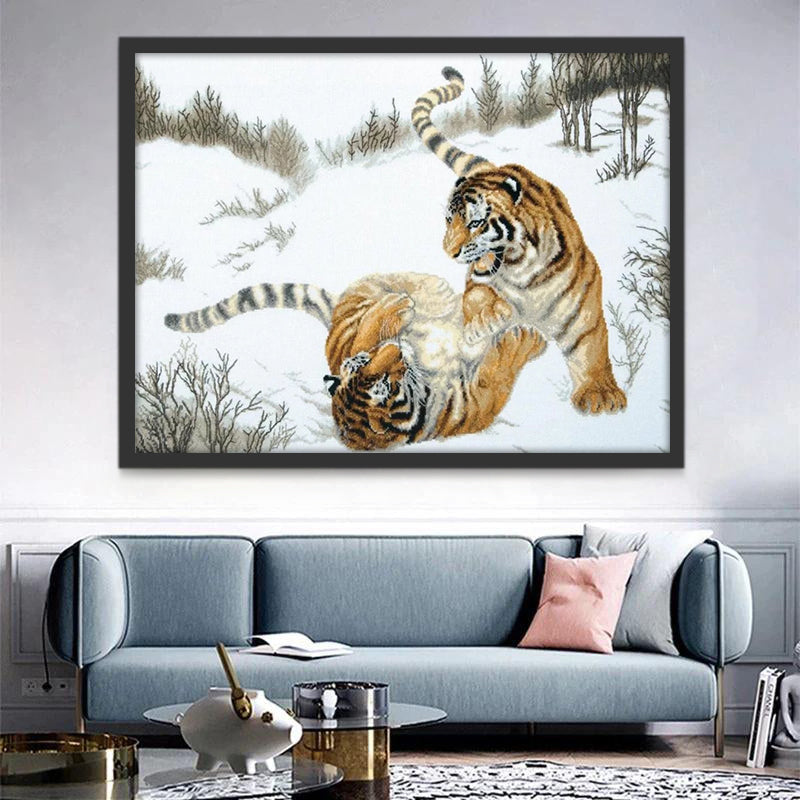Dos Tigres Jugando en Tierra Nevada Pintar por Números