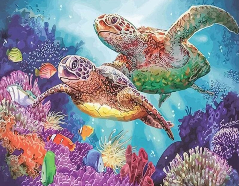 Dos Tortugas Marinas en Corales Pintar por Números
