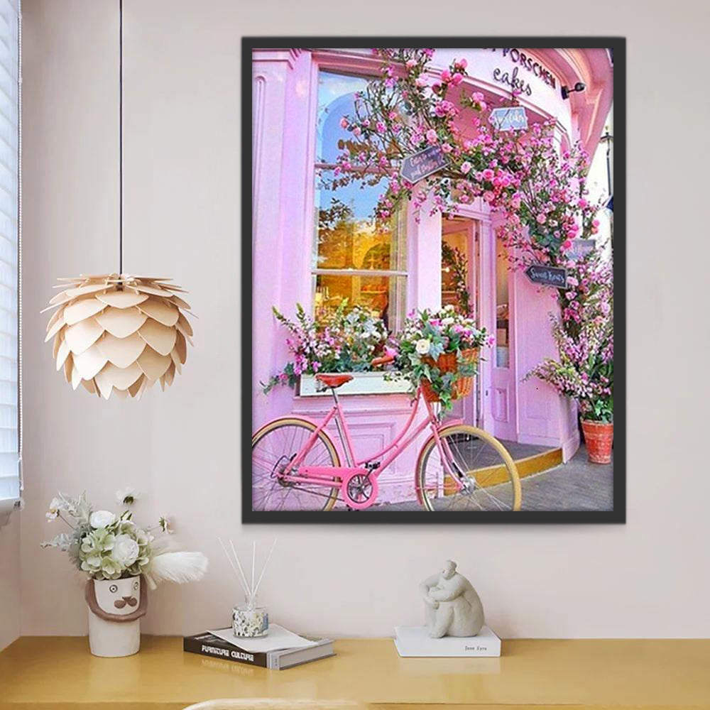 Edificio Rosado y Bicicleta con Cesta de Flores Pintar por Números