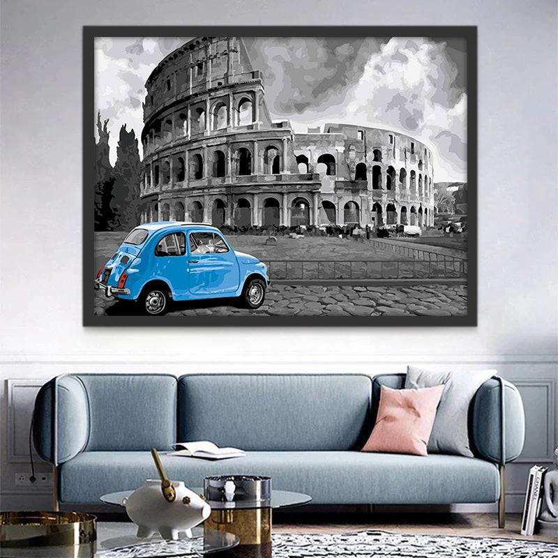 El Coliseo Romano Gris y Coche Azul Pintar por Números