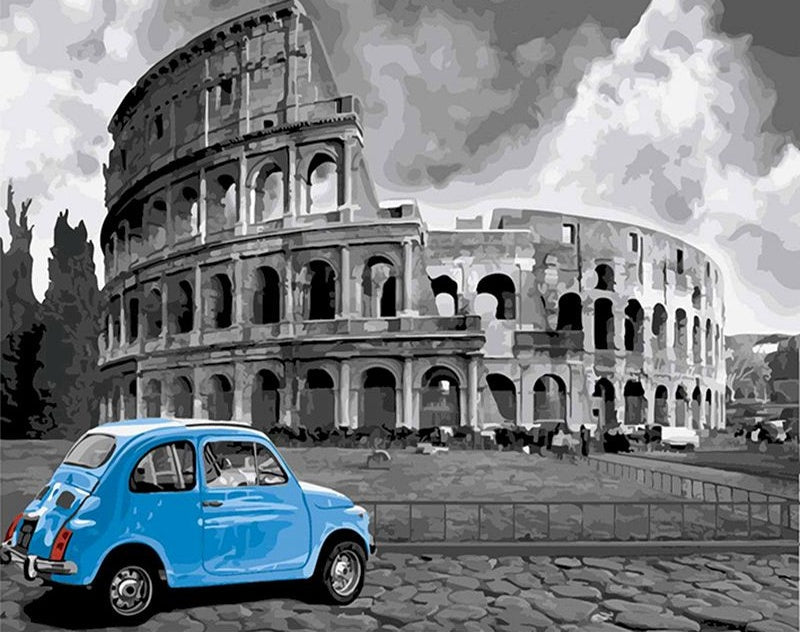 El Coliseo Romano Gris y Coche Azul Pintar por Números