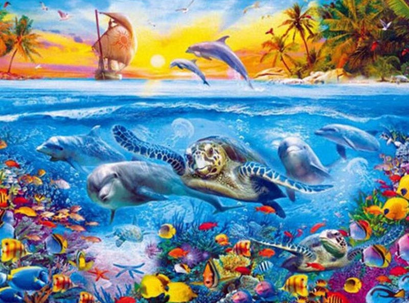 El Mundo Submarino y Puesta del Sol Pintar por Números