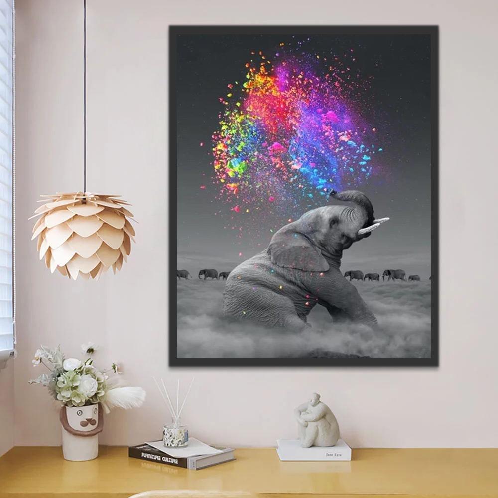 Elefante Blanco y Negro y Polvos Coloridos Pintar por Números
