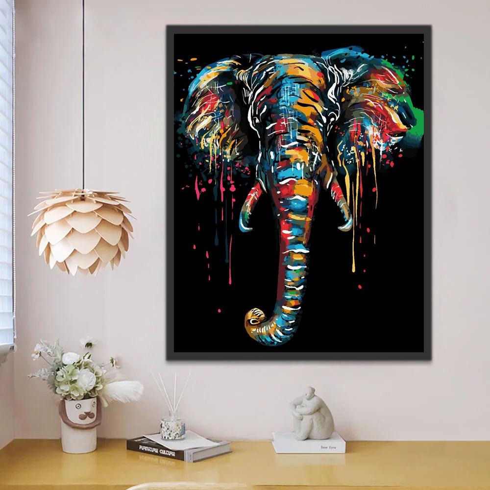 Elefante Colorido y Fondo Negro Pintar por Números