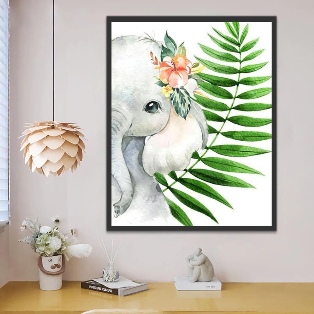 Elefante Lindo y Hojas Verdes Pintar por Números