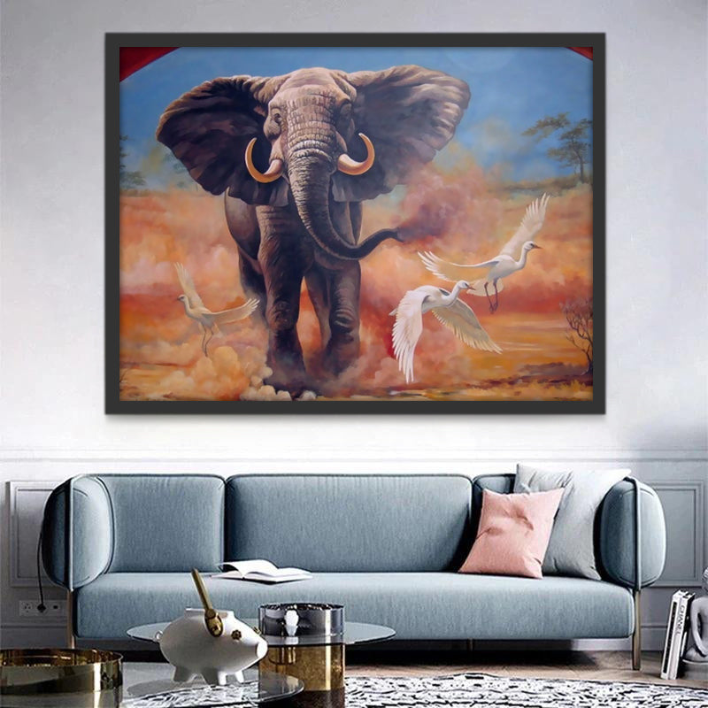 Elefante y Pájaros Blancos Pintar por Números