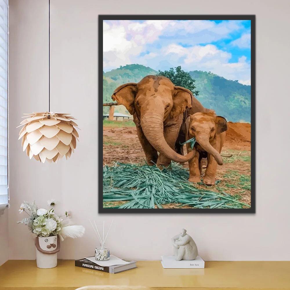 Elefante y Su Niño Comiendo Hojas Verdes Pintar por Números