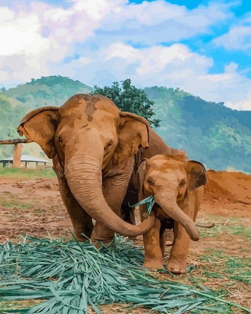 Elefante y Su Niño Comiendo Hojas Verdes Pintar por Números