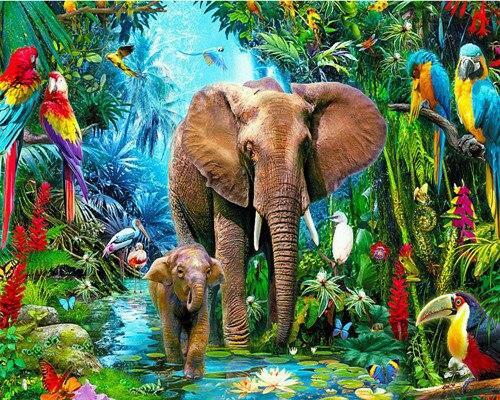 Elefante y Su Niño con Papagayos Pintar por Números