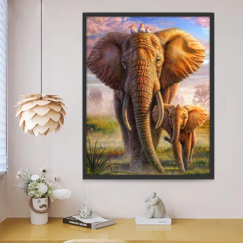 Elefante y Su Niño en Estepa Verde Pintar por Números
