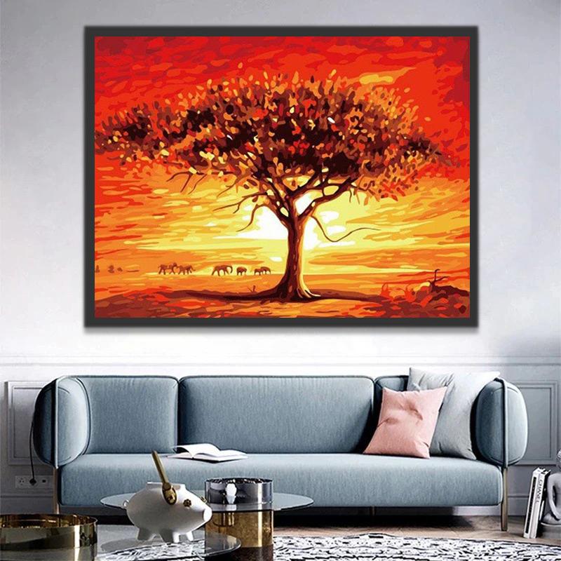 Elefantes y Árbol Enorme al Atardecer Pintar por Números