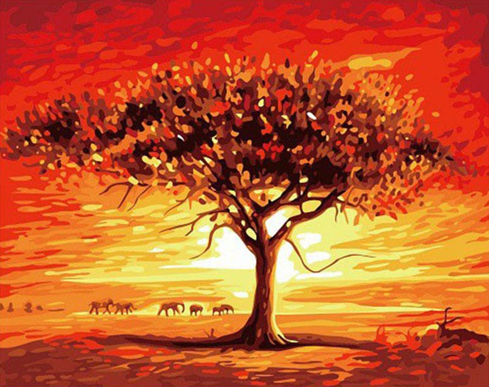 Elefantes y Árbol Enorme al Atardecer Pintar por Números