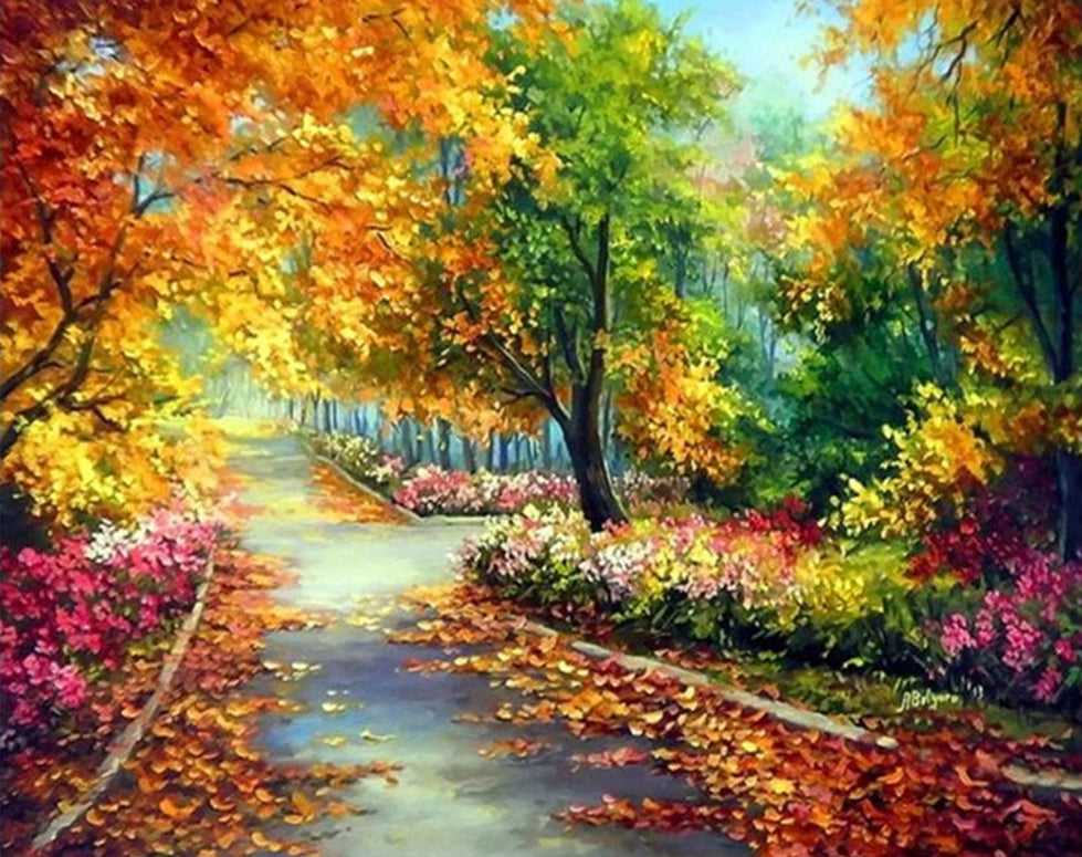Encrucijada con Árboles y Flores Pintar por Números