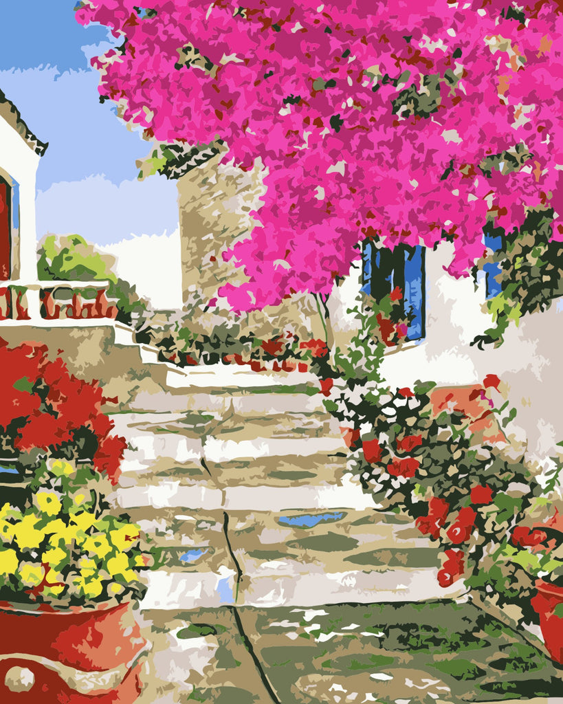 Escalera con Flores en el Pueblo Pintar por Números
