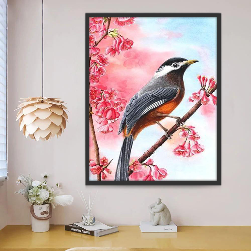 Escena con Pájaro y Flores Rosadas Pintar por Números