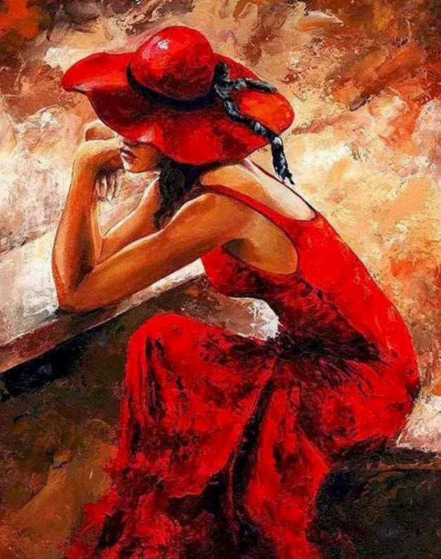 Espalda de Mujer con Sombrero Rojo Pintar por Números