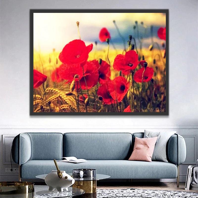 Espigas de Trigo Dorado y Amapolas Rojas al Sol Pintar por Números