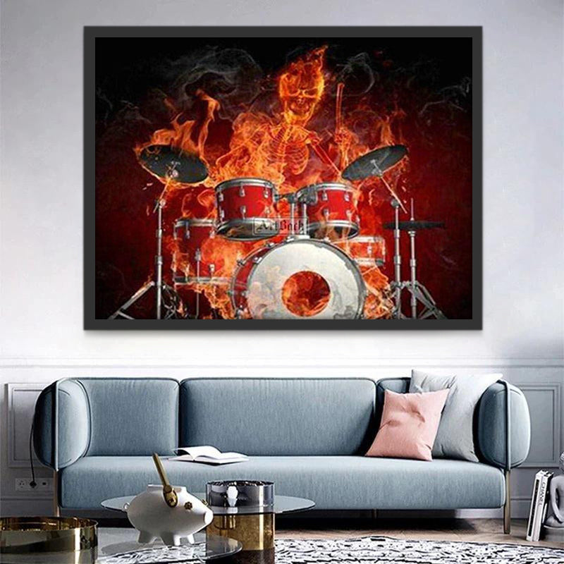 Esqueleto de Fuego Tocando la Batería Pintar por Números