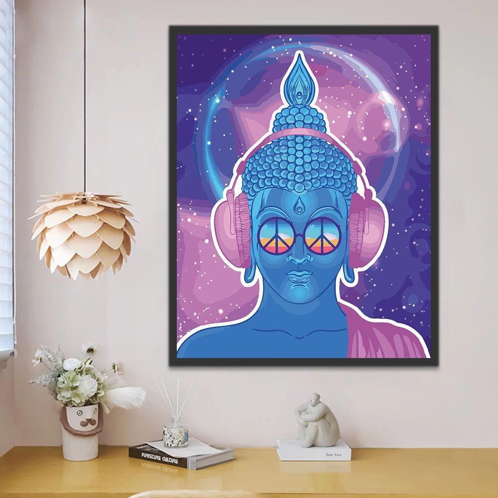 Estatua Azul de Buda con Auriculares Pintar por Números